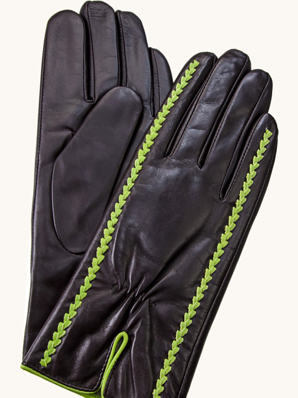 Brązowe rękawiczki skórzane z ozdobnym zielonym akcentem