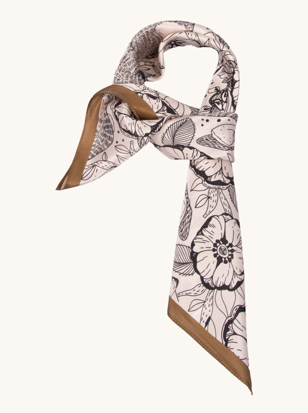 Apaszka jedwabna beżowa z motywem kwiatowym 68x68cm PREMIUM