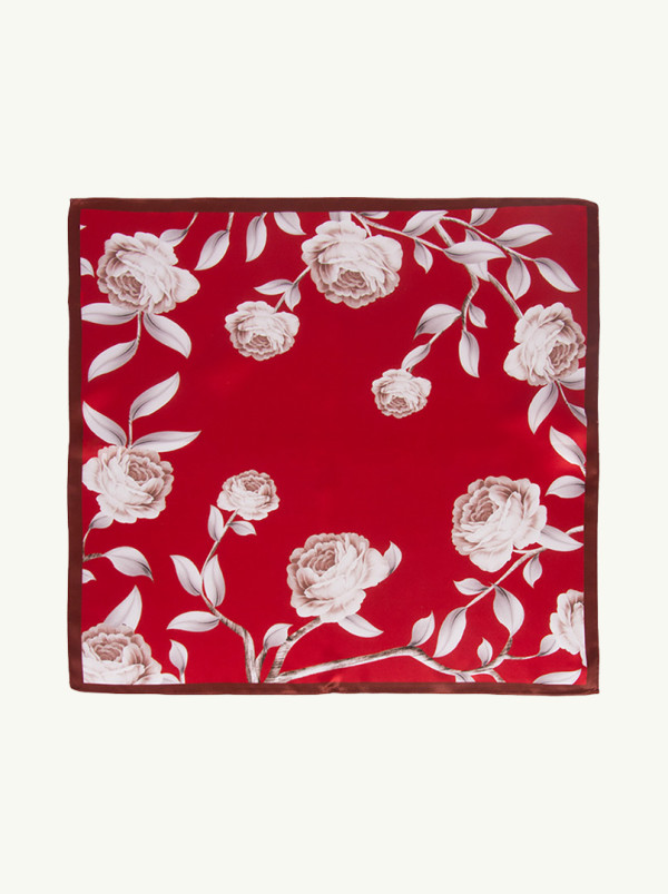 Apaszka jedwabna czerwona w kwiaty 65x65 cm 