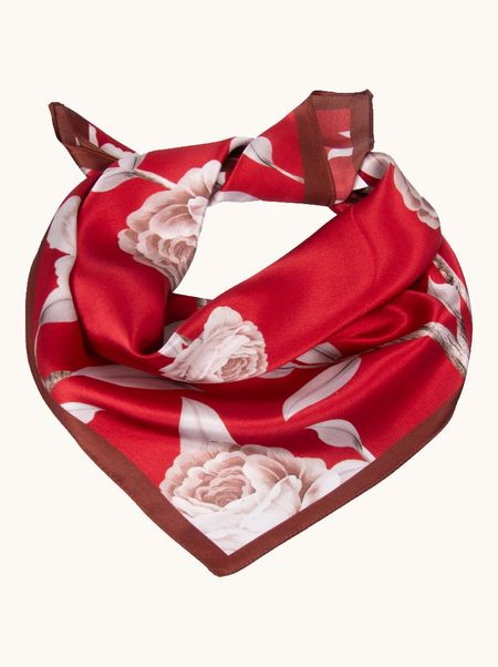 Apaszka jedwabna czerwona w kwiaty 53x53 cm