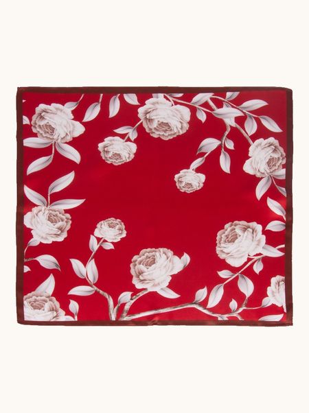 Apaszka jedwabna czerwona w kwiaty 53x53 cm