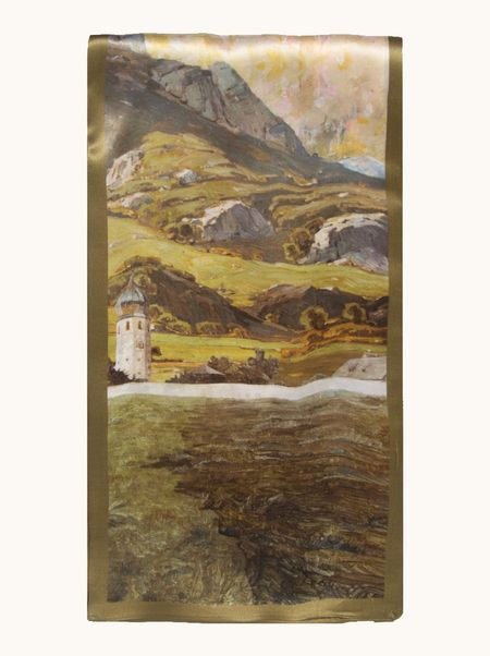 Szal jedwabny zielony malarski krajobraz 16x145 cm