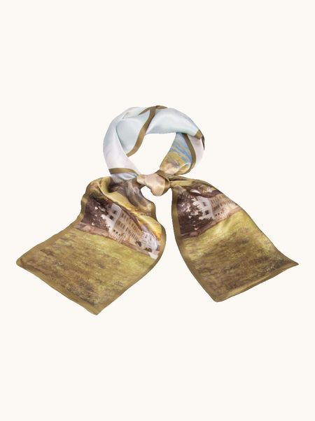 Szal jedwabny zielony malarski krajobraz 16x145 cm