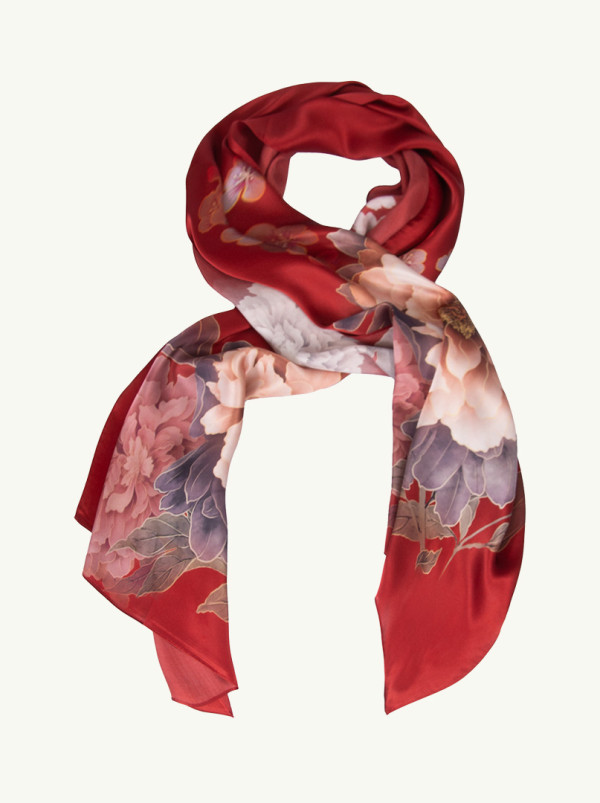 Silk scarf with peony flower 55 cm x 170 cm