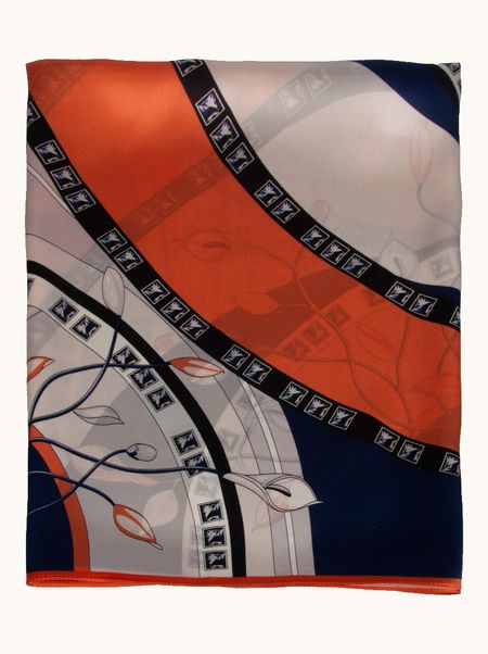 Orange and navy blue silk scarf with geometric pattern 55x175 cm