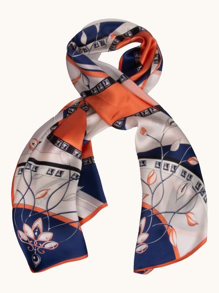 Szal jedwabny pomarańczowo granatowy w geometryczny wzór 55x175 cm