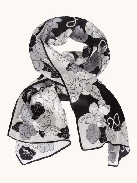 Black silk scarf with white flowers 55x175 cm