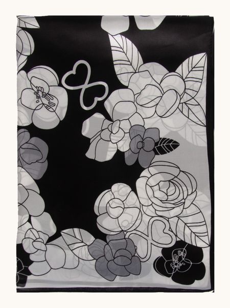 Black silk scarf with white flowers 55x175 cm