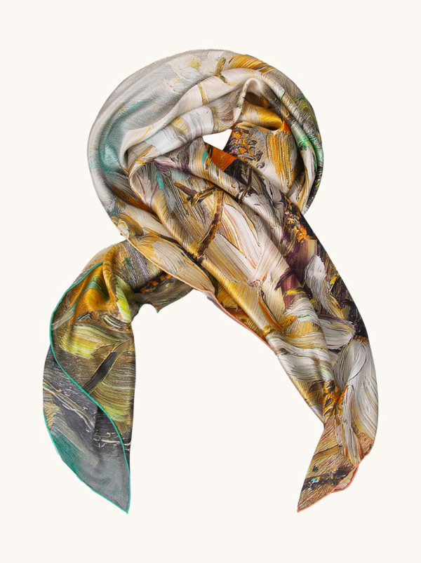 Duża chusta jedwabna w malarskie kwiaty 110cm x 110cm