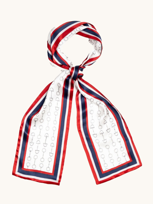 Jedwabny szal w stylu jeździeckim czerwono granatowy z motywem uprzęży 16cm x 145cm