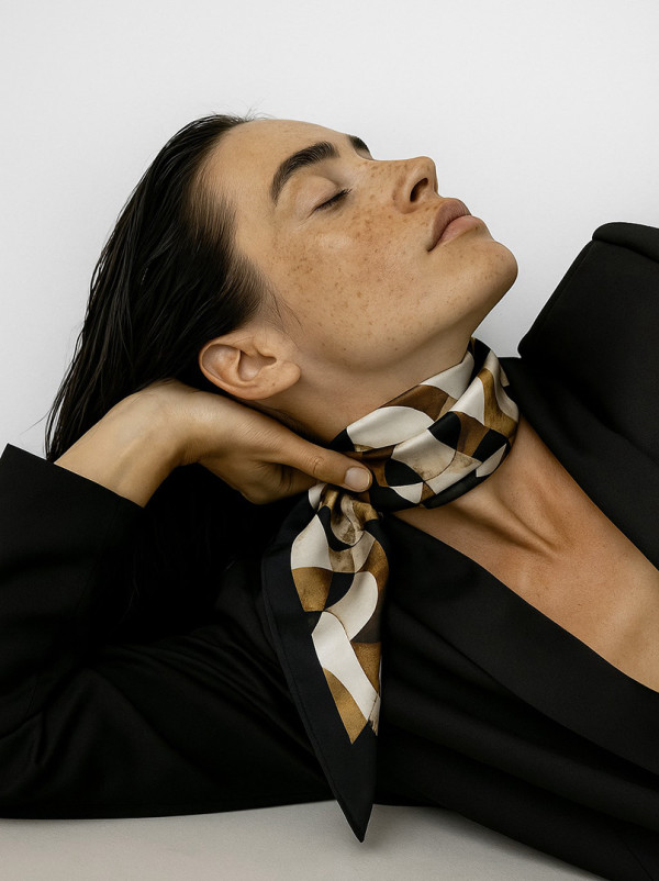 Apaszka jedwabna beżowa z geometrycznym wzorem 53x53 cm