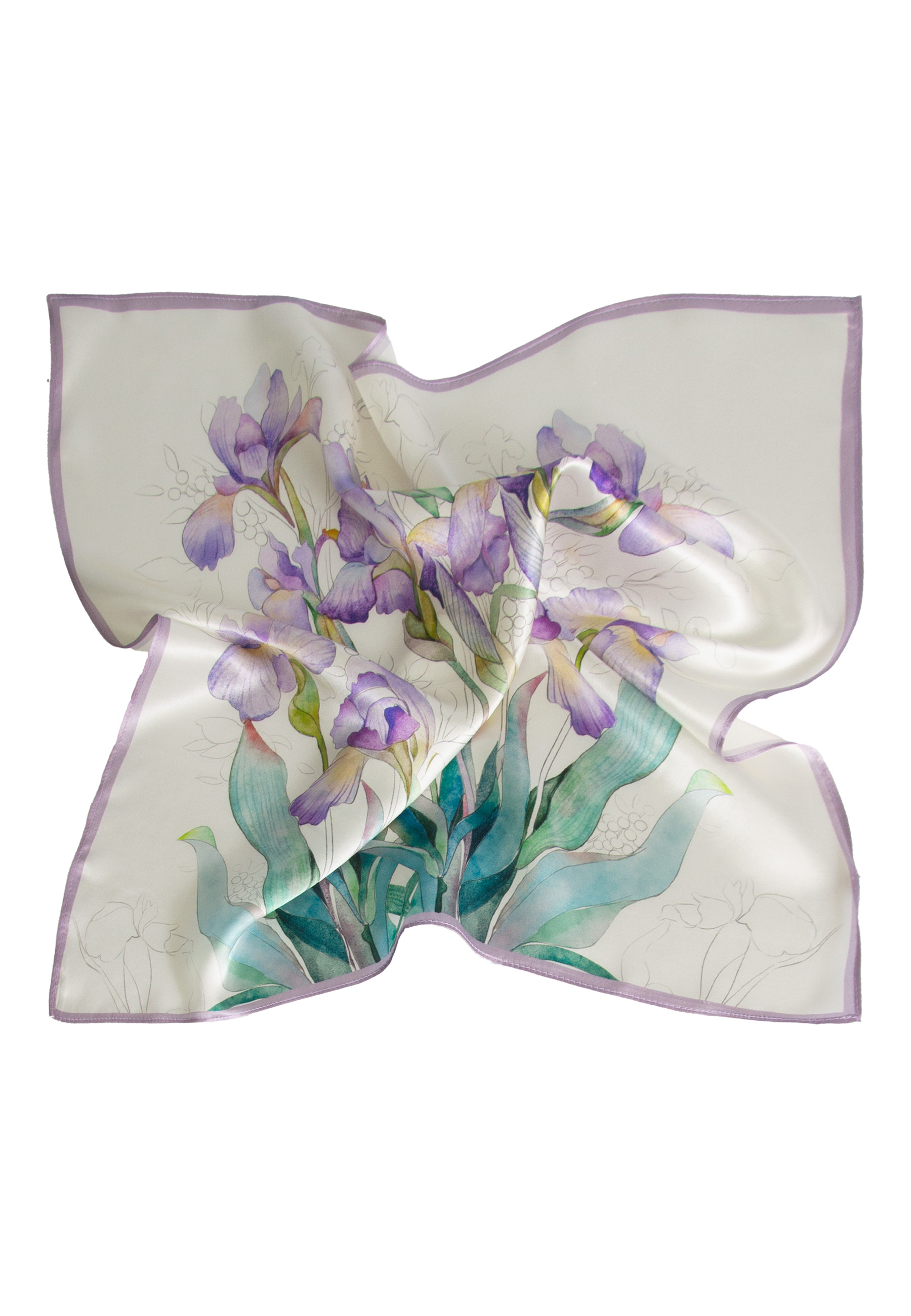 Elegancka apaszka jedwabna w fioletowe irysy  68cm x 68cm  zdjęcie 3