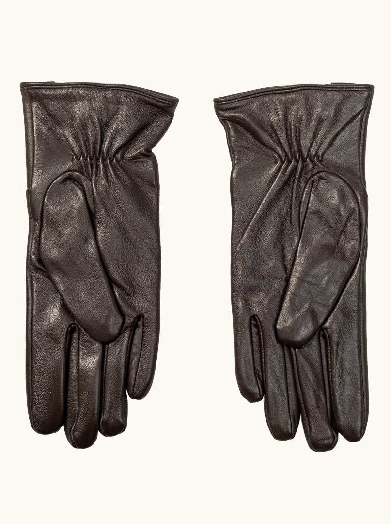 Dark brown leather gloves with zipper, insulated with wool, size L