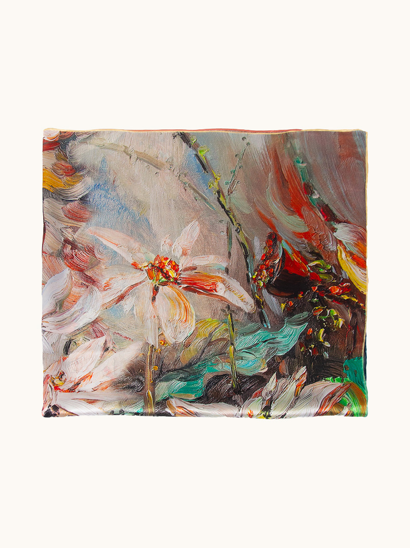Duża chusta jedwabna Impresjonistyczne kwiaty 110cm x110 cm  zdjęcie 3