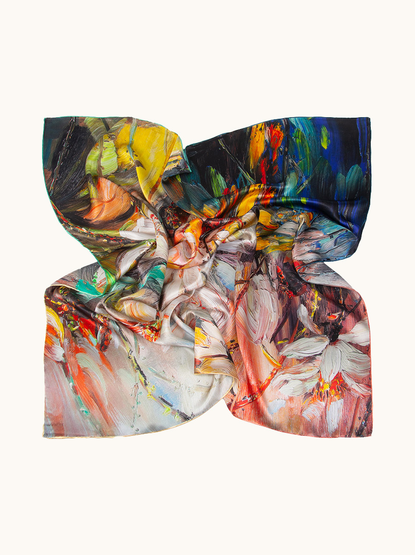 Duża chusta jedwabna Impresjonistyczne kwiaty 110cm x110 cm  zdjęcie 2