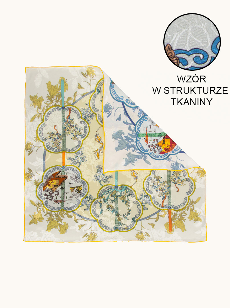 Dwustronna jedwabna apaszka Cytrynowy Ogród  68cm x 68cm zdjęcie 4