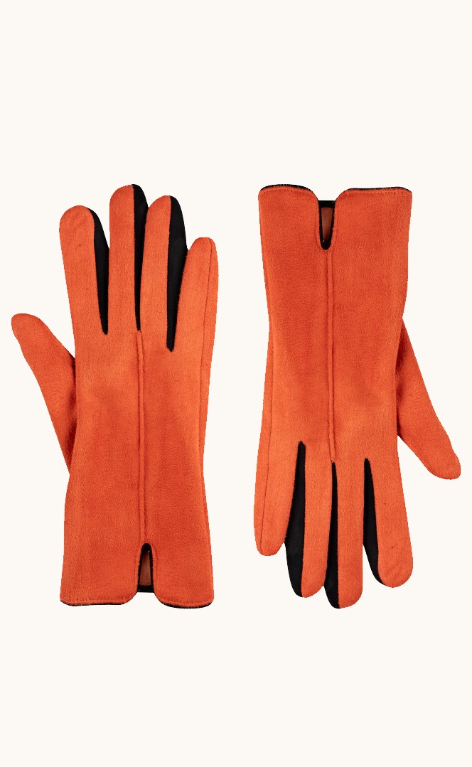Rękawiczki damskie zamszowe pomarańczowe z czarnymi wstawkami zdjęcie 2