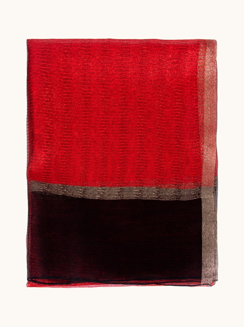 Czerwono-czarny wieczorowy szal z jedwabiu i wełny z metaliczną nitką 75cm x200cm zdjęcie 2